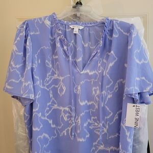 Nine West Blue Ruffled Short Sleeve Blouse